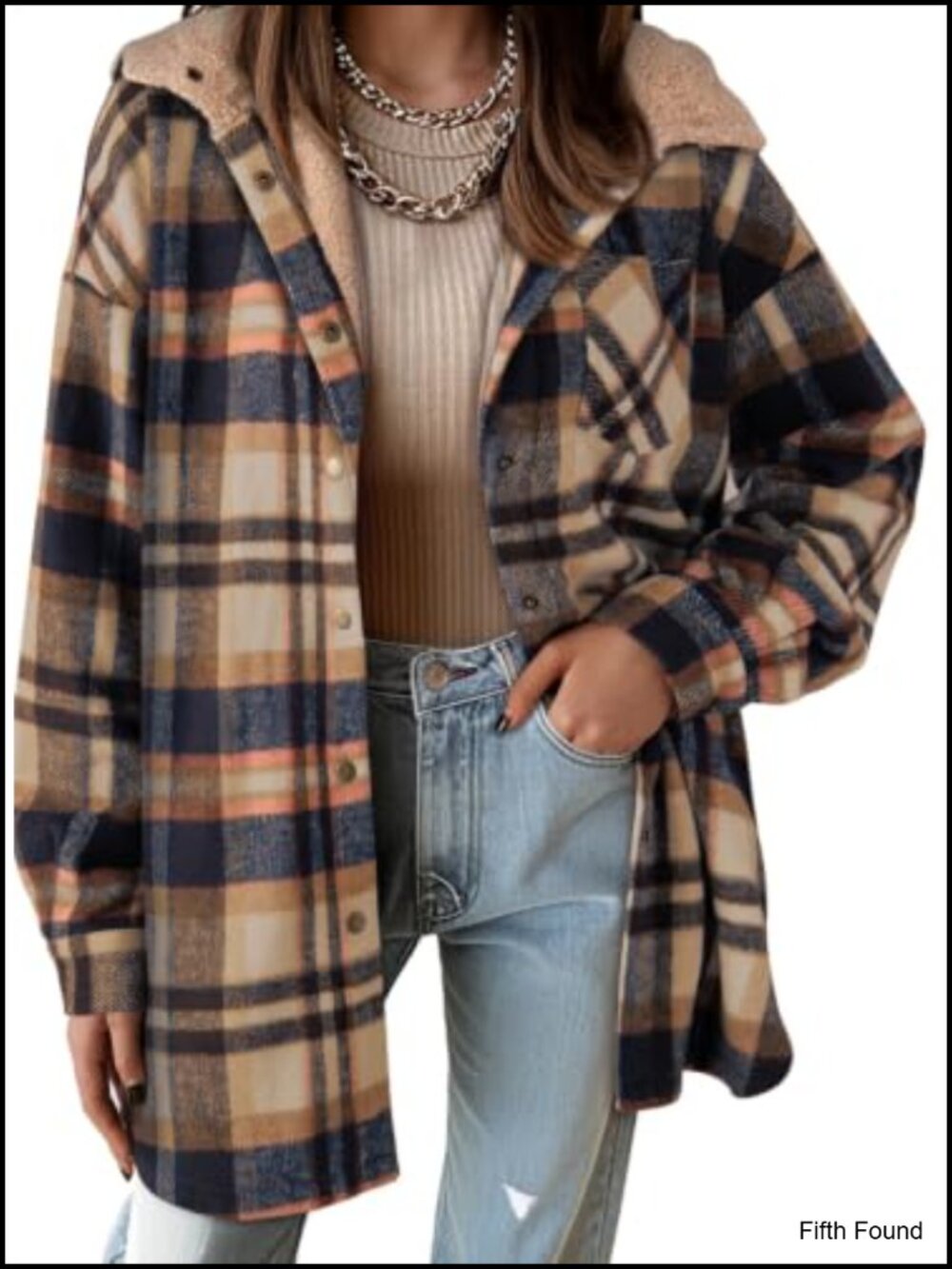 Womens Plaid Flannel Shacket Fleece Lined Oversized Long Sleeve Button Down